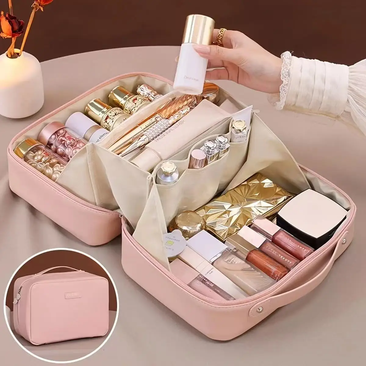 Make-up-Tasche mit PU-Flamme, Aufbewahrungstasche für Schönheits-Make-up, Make-up-Pinseltasche mit doppeltem Reißverschluss, Sortiertasche für Geschäftsreisen und Toilettenartikel