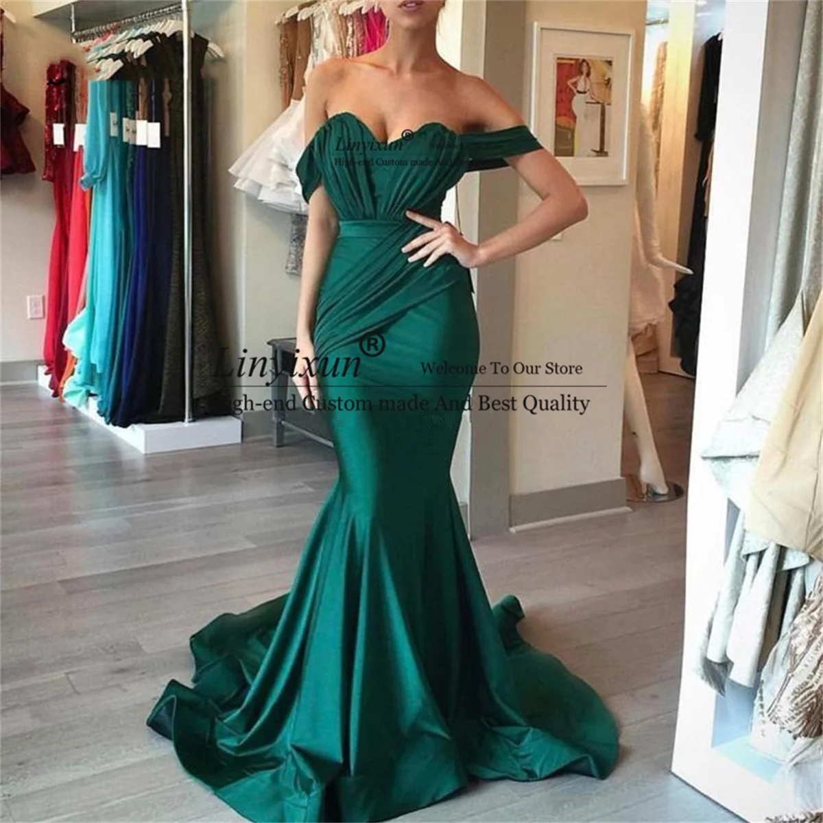 

Emerald Green Bridesmaid Dresses 2022 With Pleat Mermaid Off Shoulder Wedding Guest Dress Long Junior Maid of Honor Gowns