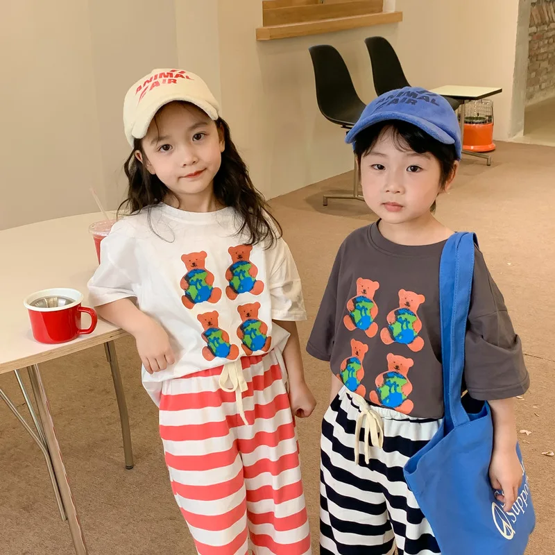 

Summer 2022 Unisex cartoon bears printed short sleeve T shirts boys girls cotton casual loose Tops