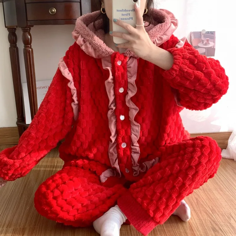 

Bright Red Festive Autumn Winter New Thick Coral Velvet Warm Cardigan Hooded Flannel Pajamas Can Go Out Set Pajamas for Women