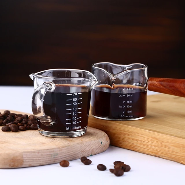 Double Spout Espresso Shot Glass with Wood Handle Espresso Glass 70 ml Carafe Shot Glass Measuring Cup Mini Milk Glass Cup with Handle for Milk Coffee