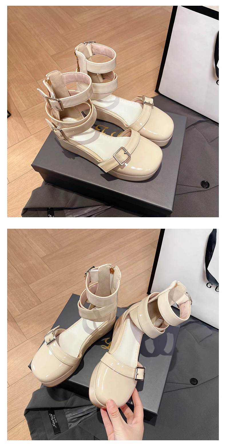 Oversized Shiny Patent Leather Ankle Strap Roman Style Women's Sandals Platform Flat Breathable Belt Buckle Summer Sandals