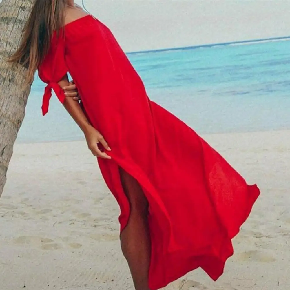 Swimsuit Dress Boat Neck Cool Soft Short Sleeve Cover-Up Dress Beachwear For Beach
