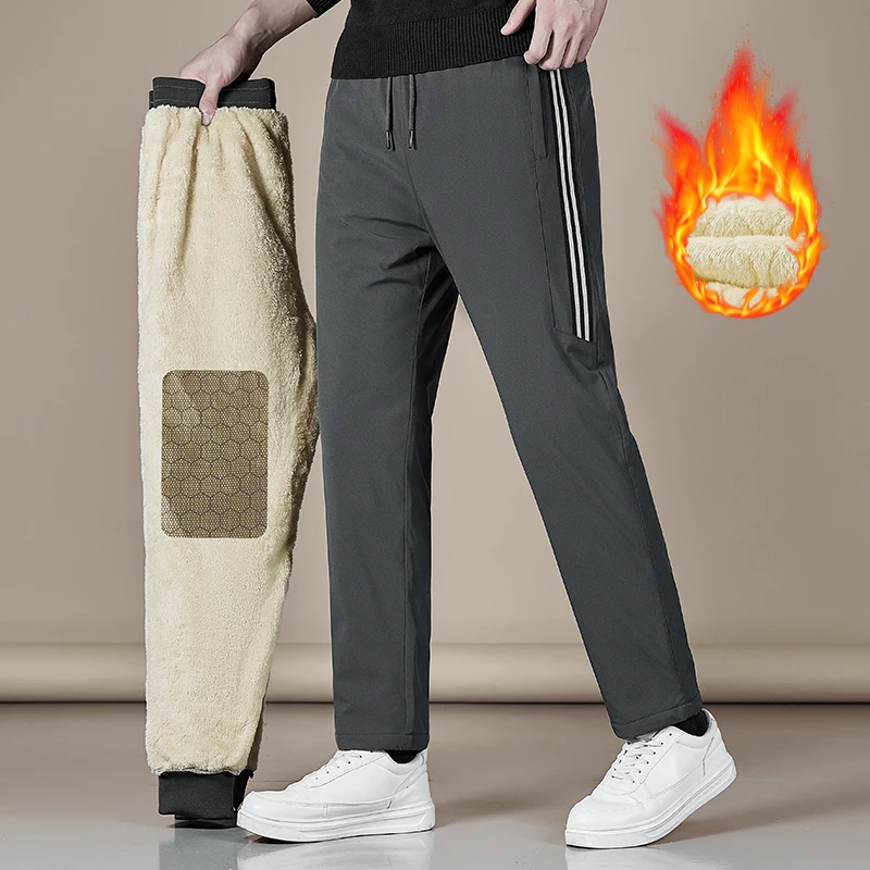 

Men's Winter Warm Fleece Pants Lined with Graphene Fabric Knee Warm Pants Harajuku Joggers Zip Pockets Casual Pants 7XL-110KG
