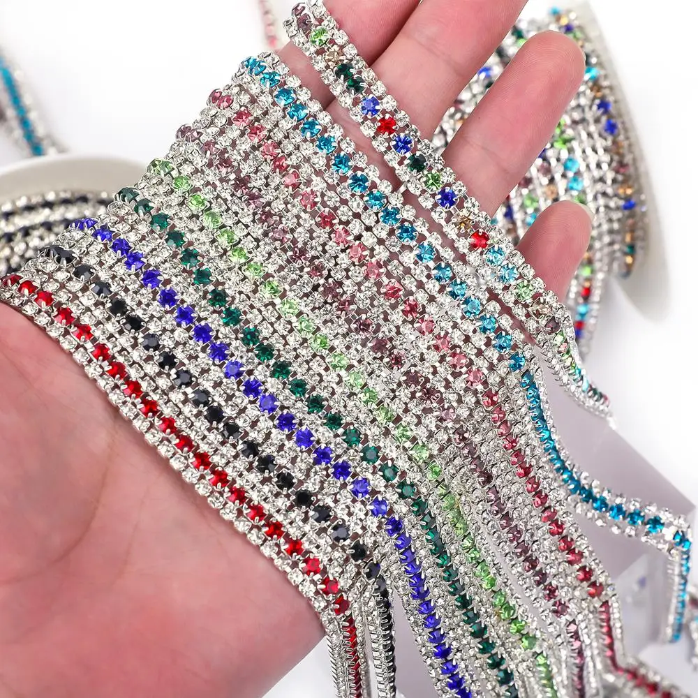 1Yard 3 Reihen Splitter Basis bunte Strass Kette auf Strass Tasse Kette Glas Strass Band Kette für Kleidung Dekoration nähen – Detail 8