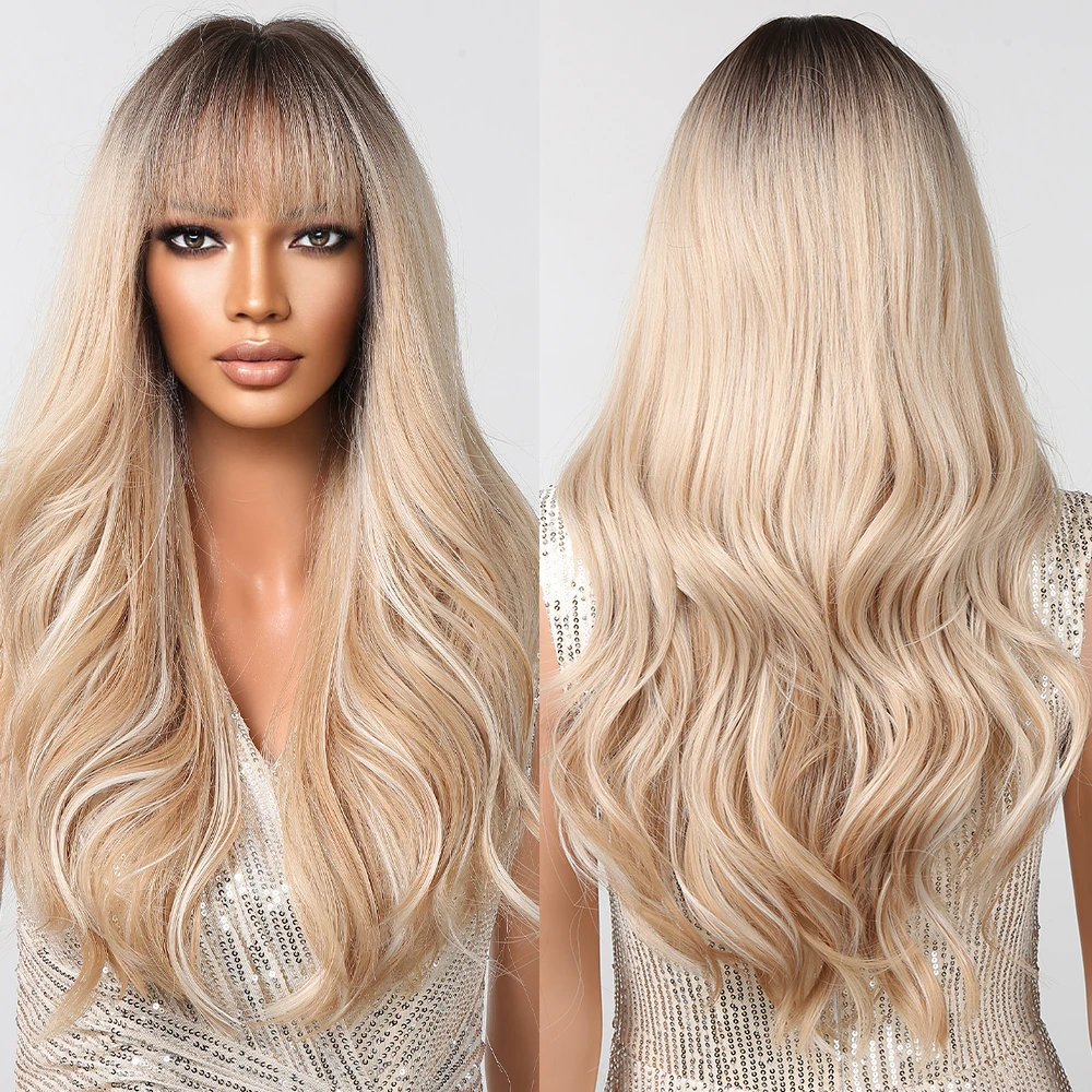 

Platinum Blonde Brown Ombre Synthetic Wavy Wigs For Women With Bangs Long Curly Wave Wig Party Daily Heat Resistant Fibre Hairs