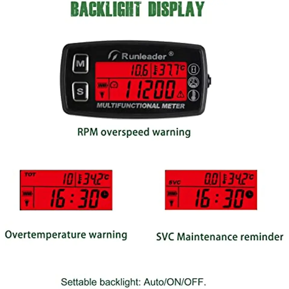 Runleader Digital Tachometer & Hour Meter - For Diesel/Gas Engines, Monitors RPM & Service