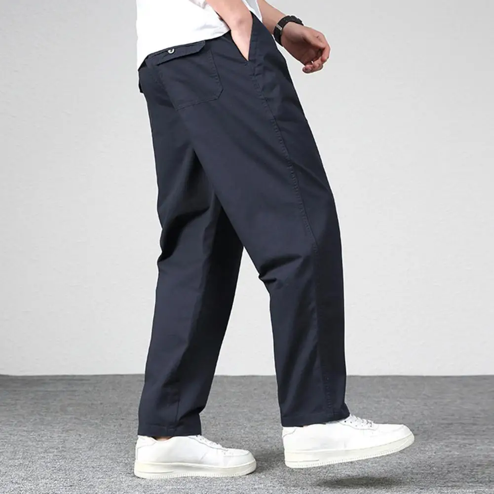 Men Pants Straight Loose Multi Pockets Solid Color Mid Waist Thin Casual Smooth Soft Breathable Men Summer Fall Trousers 2
