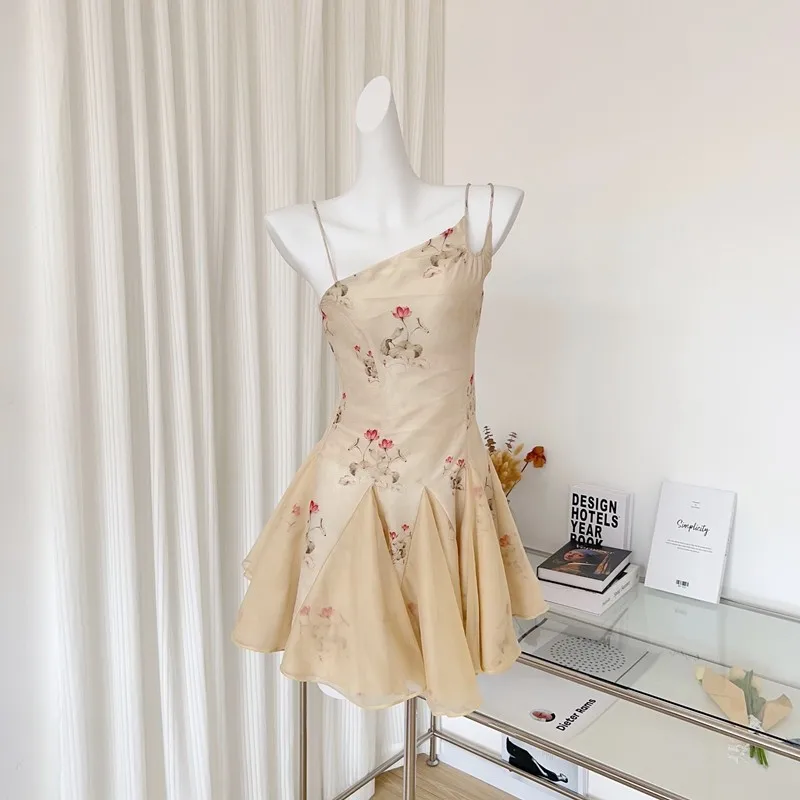 

Summer Sexy Dress for Women 2023 Mesh Paneled Suspender Print Dress with Irregular Nipped-in Waist Mini Puffy Dresses Vestidos