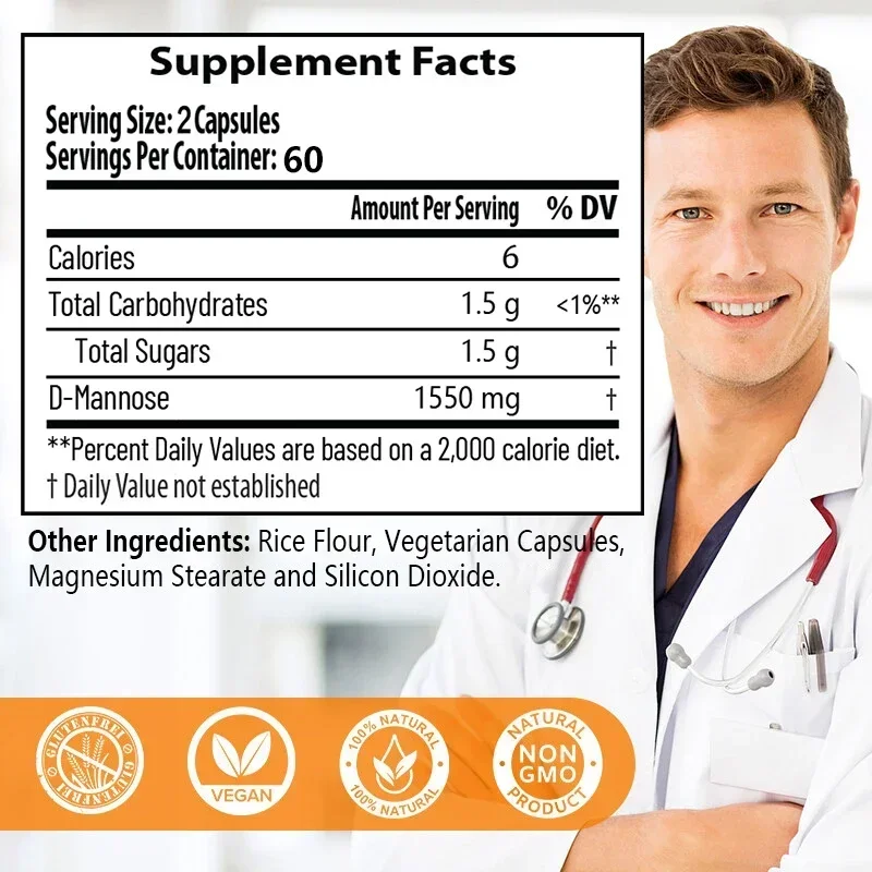 120 Capsules D-Mannose- D-Mannose Supplement for Healthy Urinary Tract, Urinary Tract Support, Unflavored, Gluten-Free, 1500 Mg