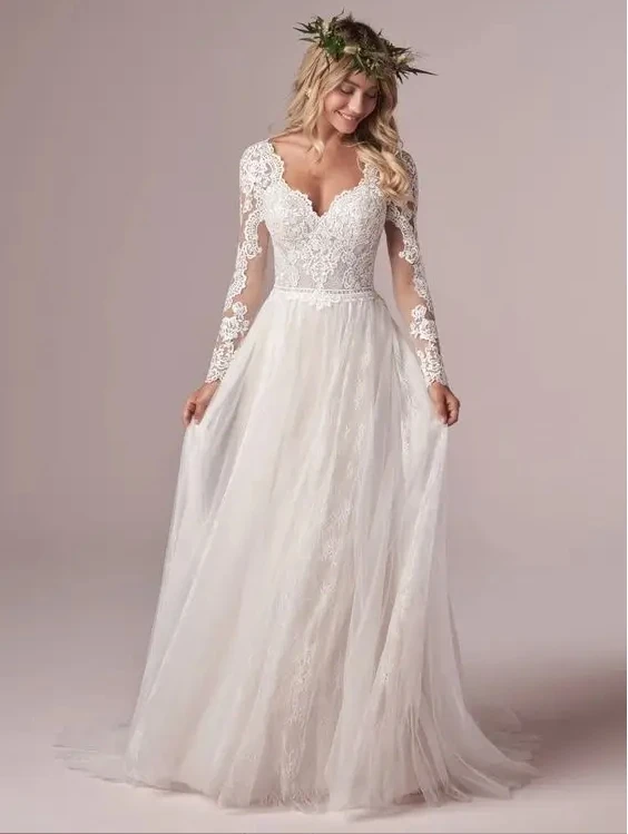 Lace Tulle Long Sleeve Wedding Dress 2022 Boho V-Neck Appliques Bridal Gown For A- Lace Appliques Bride Gown Backless Tulle 2025 3