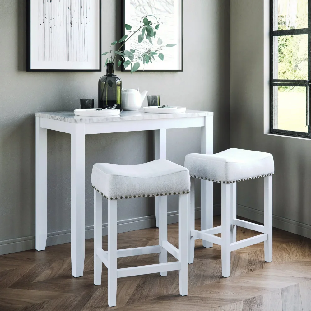 

BOUSSAC Three - Piece Dining Set Kitchen Pub Table Marble Top White Wood Base Light Gray Fabric Seat