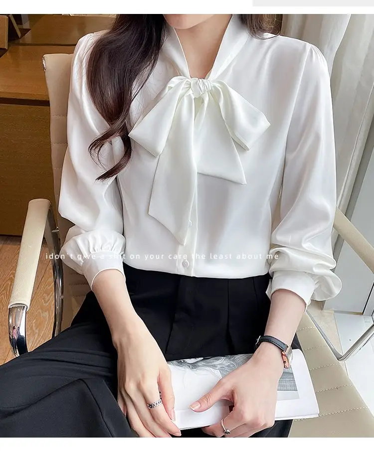 Korean Lacing Loose Solid Blouse Spring Autumn New Chiffon Long Sleeve All-match Elegant Shirt Tops Fashion Office Women Clothes