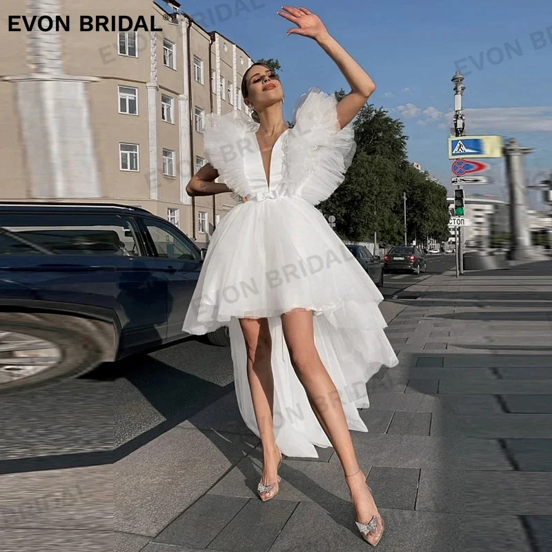 

EVON Elegant V-Neck Satin High Low Wedding Dresses For Women 2024 Backless Lace Bow Ruched Simple Bridal Gown Vestido De Novia