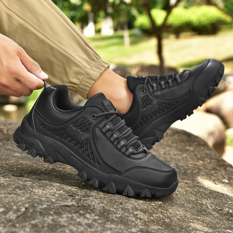 

men Leather Hiking Shoes lace up Durable Outdoor Sport Men Trekking Leather Shoes fashion Climbing Hunting Sneakers big size 48