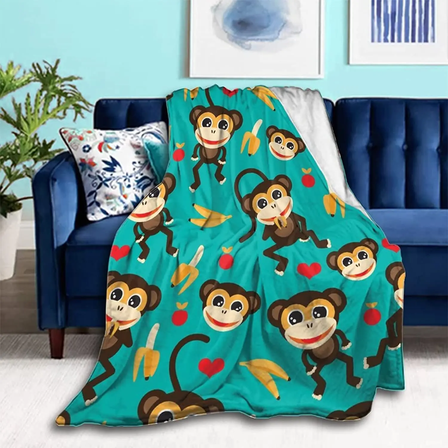 

Fluffy Throw Blanket Ultra-Soft Throw Blanket Cozy Monkey Banana Pattern Travel Throw Blanket Perfect for Fall Winter and Spring