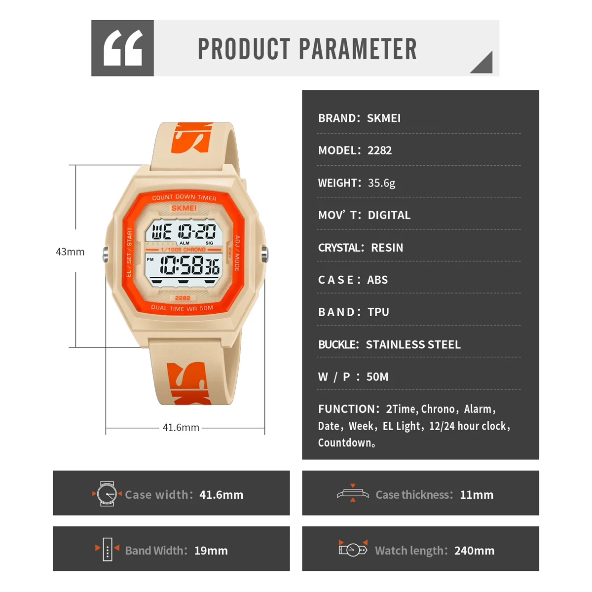 SKMEI Sport Digital Electronic Wristwatch For Men Women Student Fashion 5Bar Waterproof EL Light Chrono Watch Clock Reloj Hombre 6