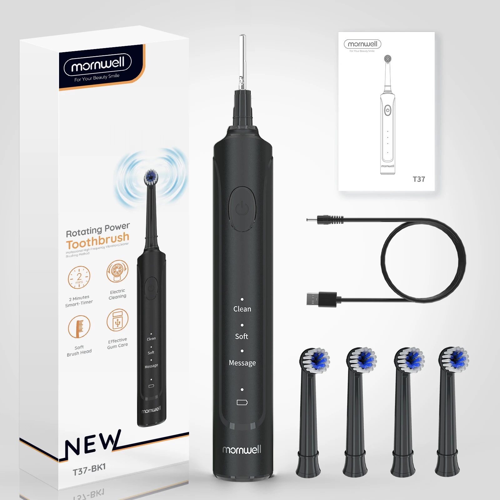 Mornwell T37 Electric Toothbrush with Replacement Heads