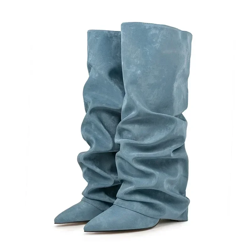 European and American Fashion Wedge Retro Sheepskin Pattern Sleeve Knee High Pleated Boots for Women's Sexy Leopard Print Boots