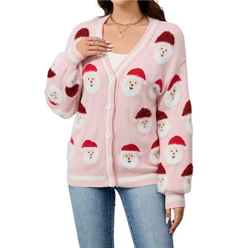 【추천】여성용 크리스마스 가디건 스웨터 부드러운 휴일용 긴 소매 크리스마스 니트 스웨터