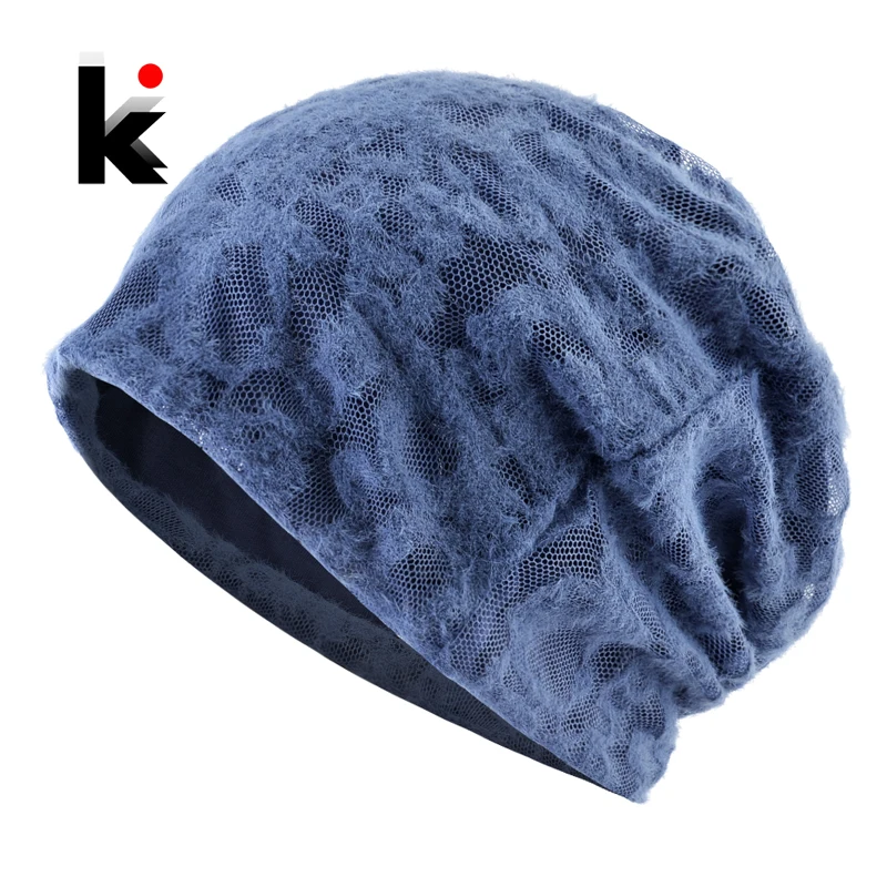 Ladies Knitted Plush Lace Hats For Women Knite Solid Color Skullies Beanies Autumn Soft Bonnet Gorras Female New Fashion Beanie