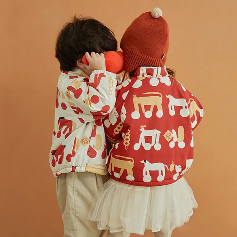 Boys Girls Winter Cotton Padded Jacket New Year's Velvet Clothes Baby Fleece Lined Coat Kids Christmas Tops Outerwear 1-7T
