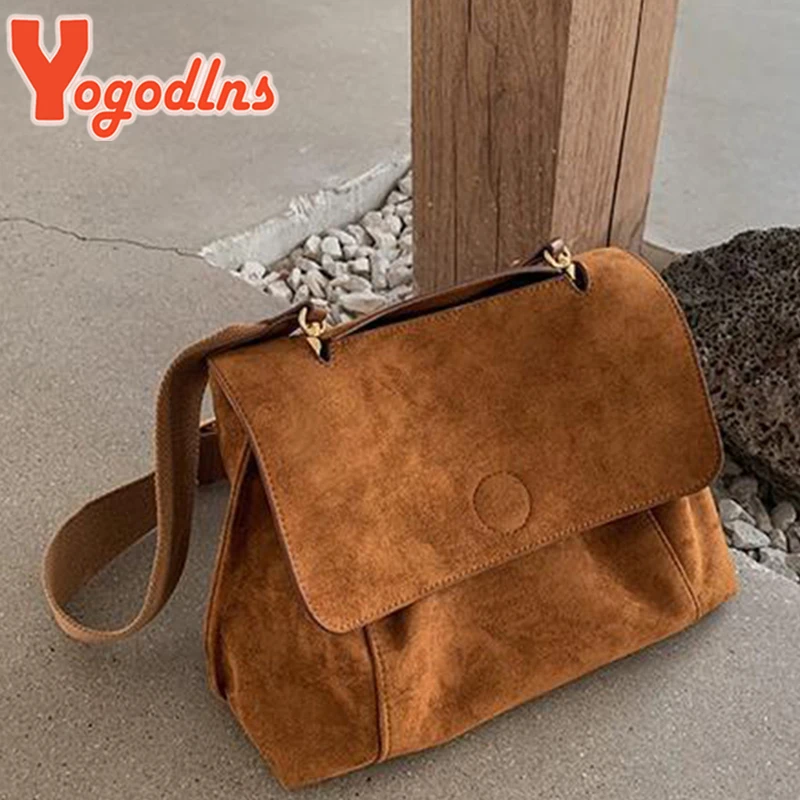 Yogodlns Autumn Winter Fleece Shoulder Bag Female Frosted Leather Crossbody Bag Retro Crossbody Bag Large Capacity Messenger Bag