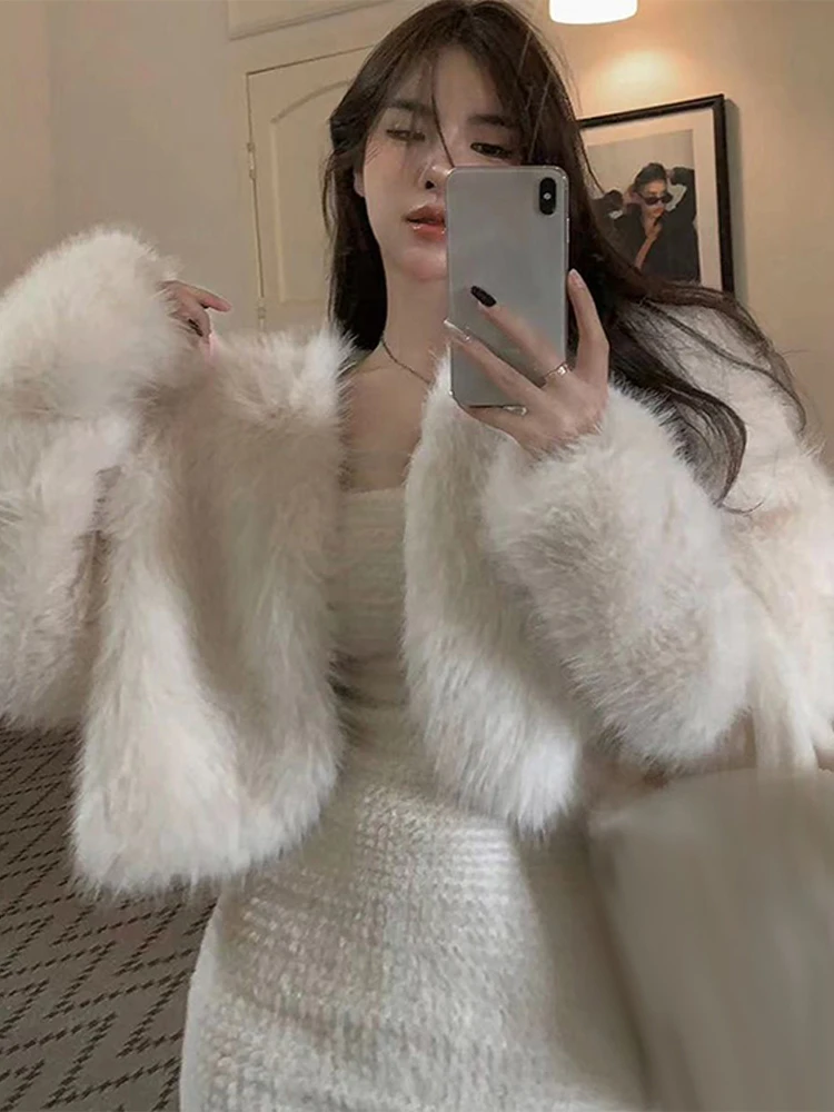 

Short Fur Coat Women Soft Fulffy Street Solid Winter Jacket Female 2024 Fashion Chic Korean Long Sleeves Warm Loose Outwears