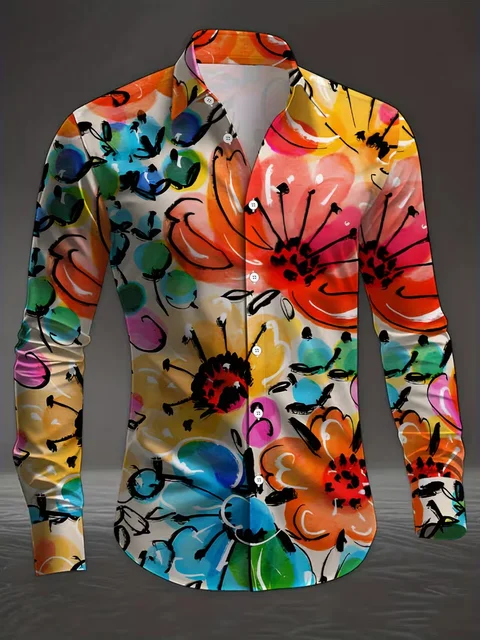New men's fashionable 3D animal printed shirt with casual long sleeves and flower button design, fashionable shirt top 1