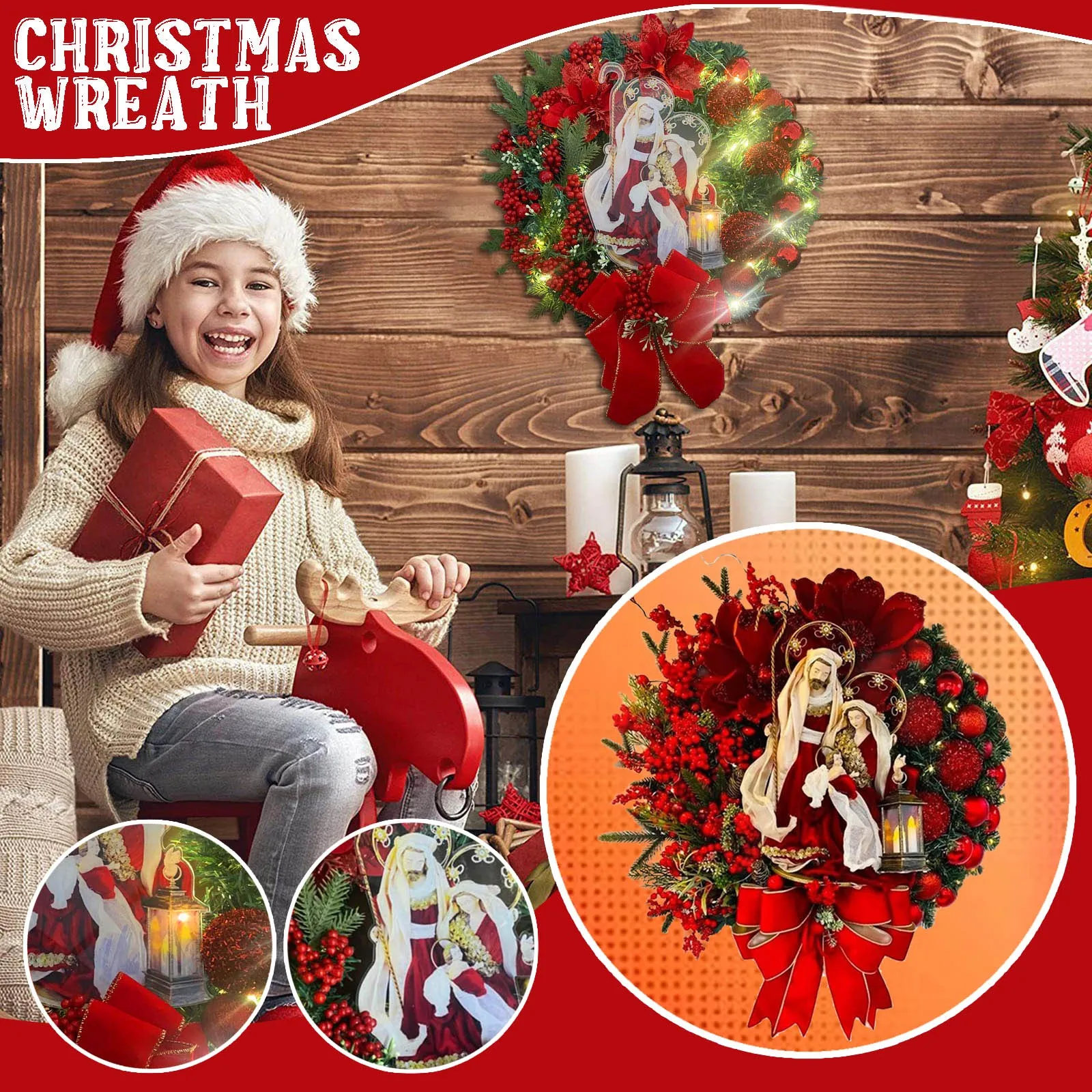 

Sacred Christmas Wreath Scene Christmas Wreath Front Door Xmas Wreath Warm Lights Garden Figurines Solar