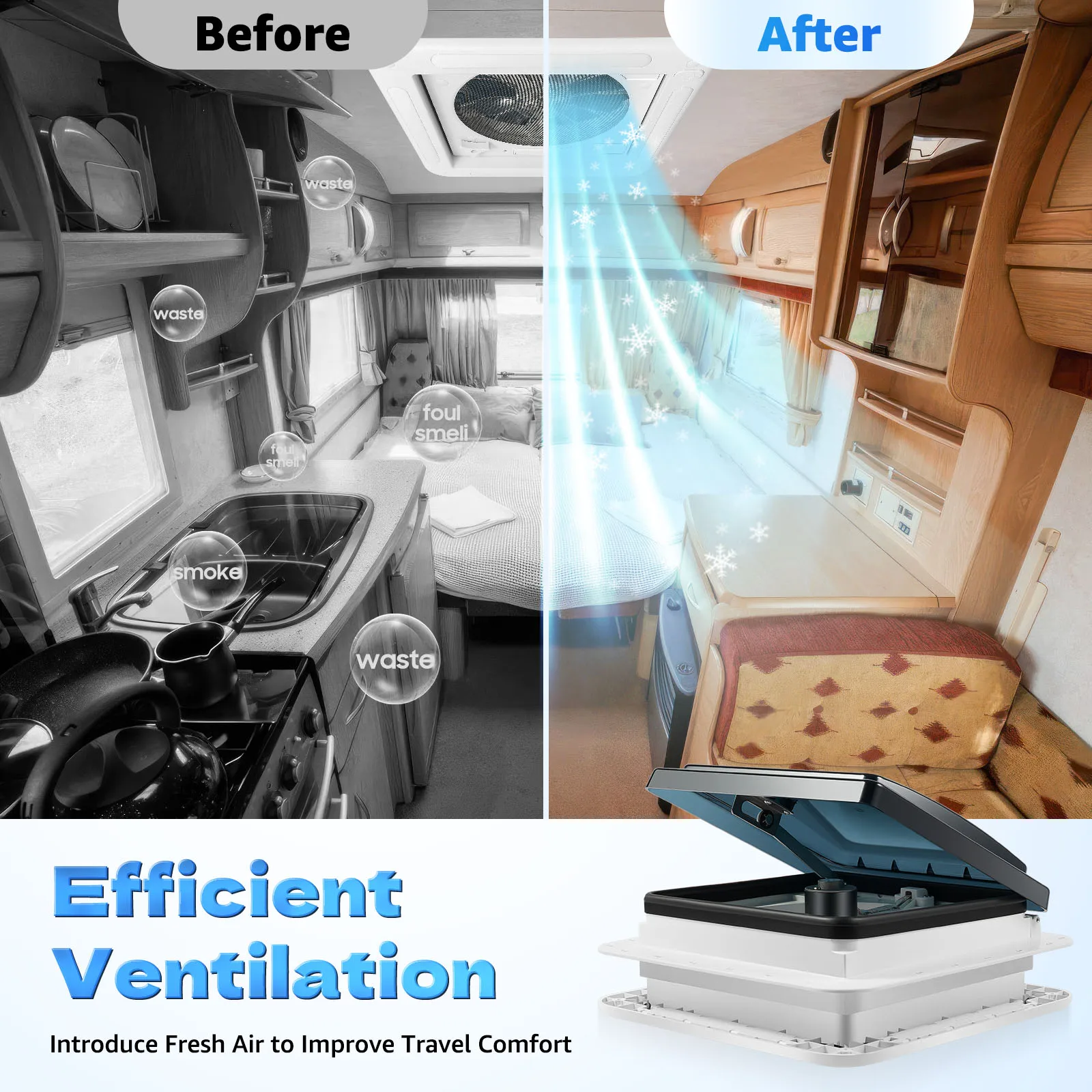 12V Skylight RV Ventilation Fan Caravan Ventilation Vent Fan With LED Light 280x280mm For RVs And Recreational Vehicles