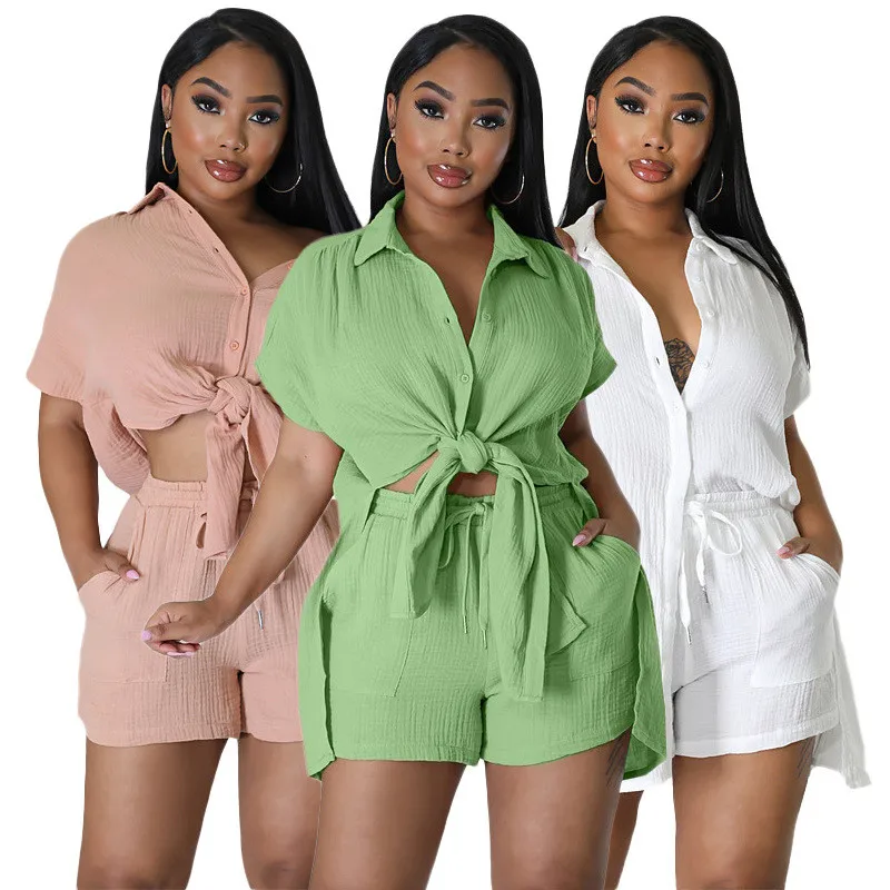 

Elegant Summer Casual Women Two Piece Set Short Sleeve Single Breasted Blouse Shirt Pockets Elastic Waist Shorts Fashion Clothes