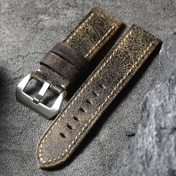 Handmade Cracked Brown Cowhide Retro Leather Strap - Soft & Thickened Men's Accessory - 22mm (Silver buckle)