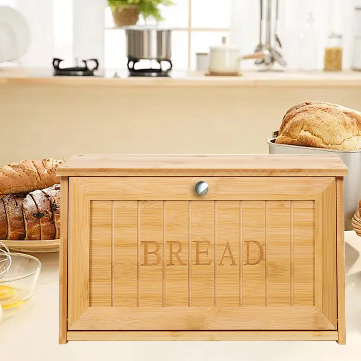 Bamboo Bread Storage Box With Lid,Household Kitchen Counter Large Capacity Food Storage Box,Top Floor Can Hold Sundries 3