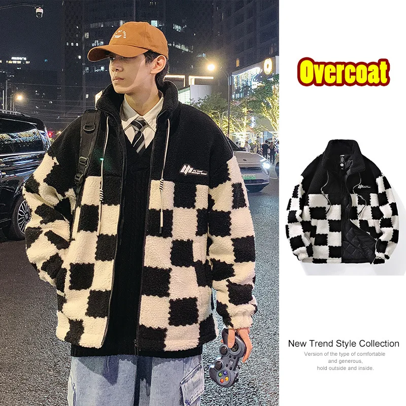 

Checkerboard Stitching Contrast Color Imitation Sherpa Warm Jacket Loose Stand Collar Casual Winter Coats Men Couple Clothes
