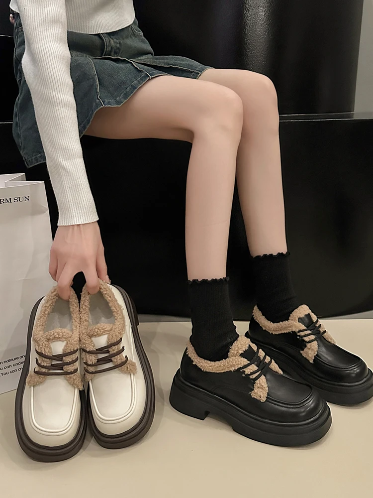 

Повседневная женская обувь, лоферы, меховые оксфорды, клоги на платформе, с закрытым носком, в британском стиле, с круглым носком, Новые Кожаные криперы, слипоны в стиле преппи