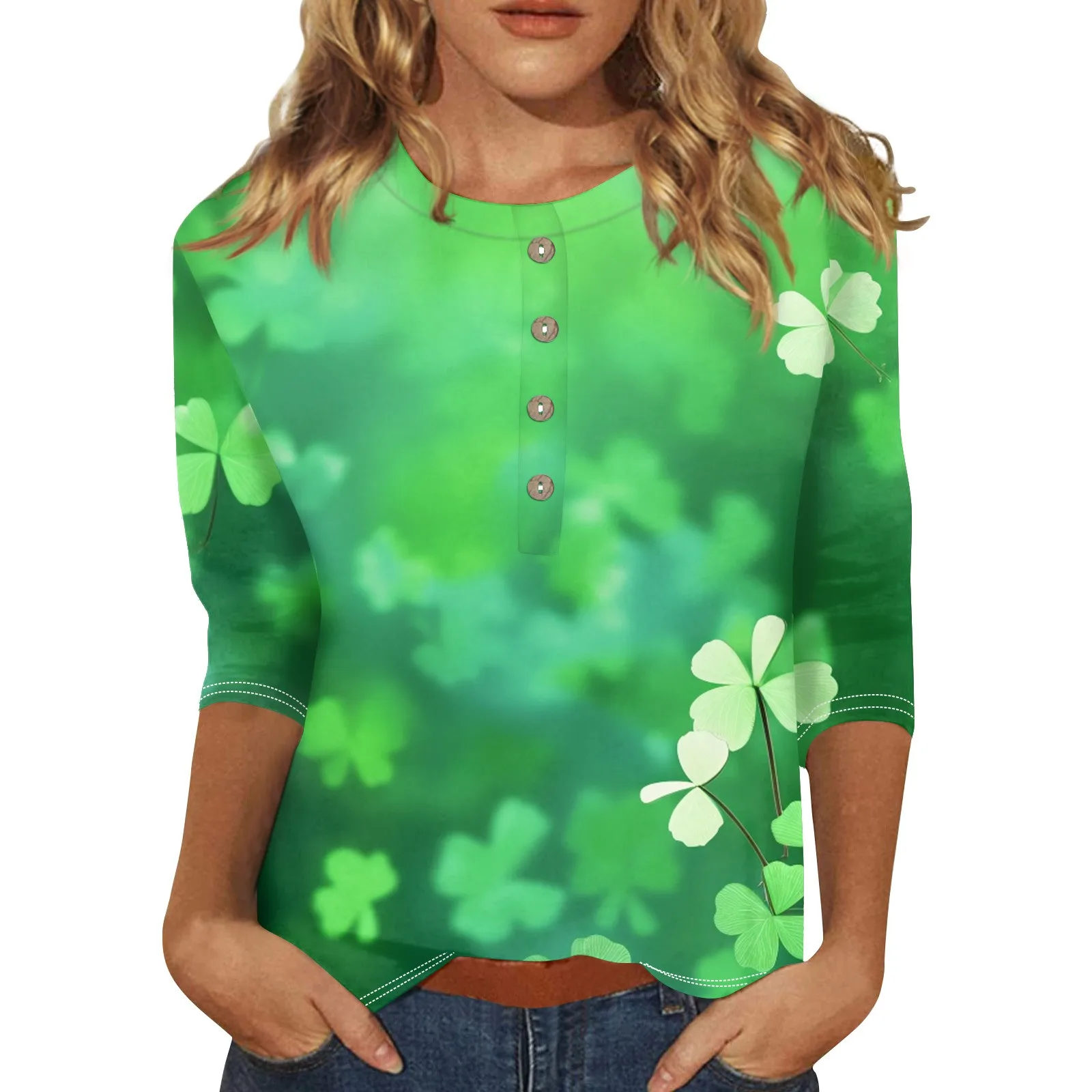 

Women's St. Patrick's Holiday Print Three Quarter Sleeve Button Neck Casual Top T-shirt تيشيرت نسائي футболка женский 여성여름의류