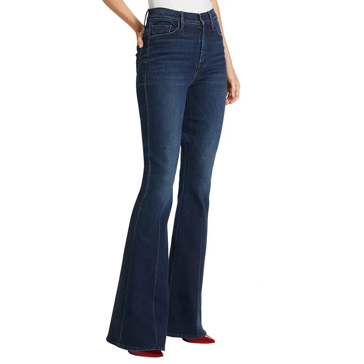 A 2024 early spring new high waisted deep blue midline slim fit and slim fit large horn denim women's pants MO508 5
