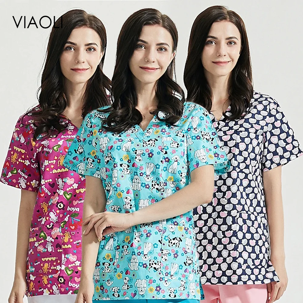 VIAOLI Pet Club Work Uniforms Spa Lab Beauty Salon Workwear Wonder Women Printing Scrubs Tops Women Scrubs Costume nurse scrubs top,nurse uniform suits,work uniform sets