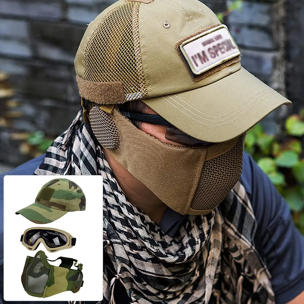 3 Pcs Tactical Adjustable Baseball Cap / Half Face Mesh Mask / Anti UV Goggles Set for Outdoor BB/ CS Game/Hunting