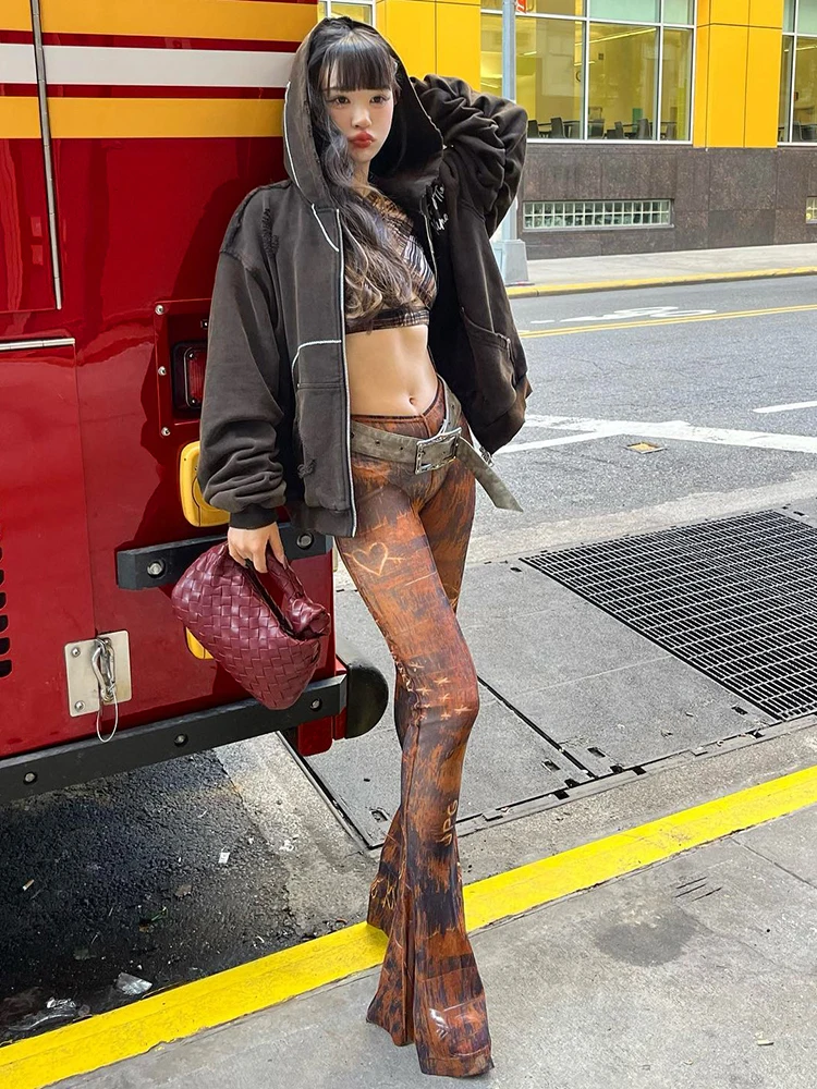 AltGoth Cyberpunk Streetwear Flare Pants Women Harajuku Y2k E-girl Grunge Printed High Waist Trousers Emo Alt Indie Pants Female