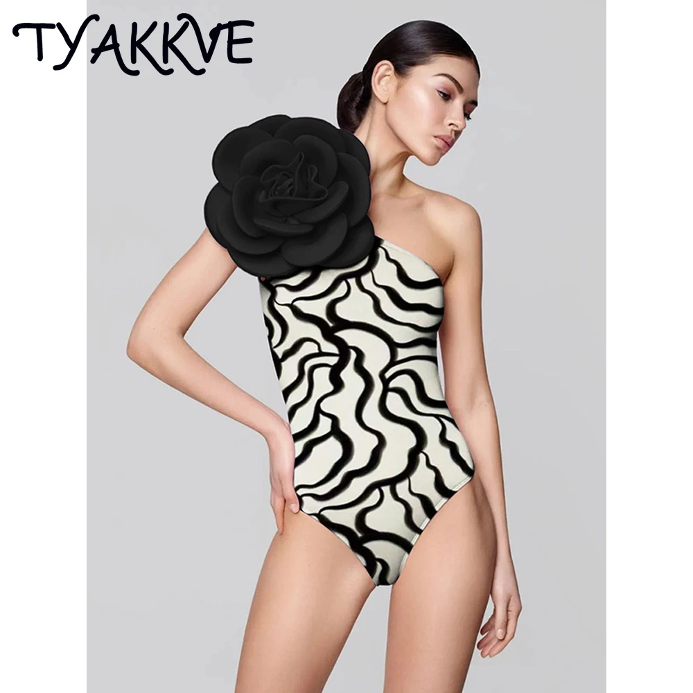 

TYAKKVE 2024 New Sexy 3D Flower Luxury One Piece Swimsuit Bikini Summer Women One Shoulder Swimwear Beach Monokini Bathing Suit