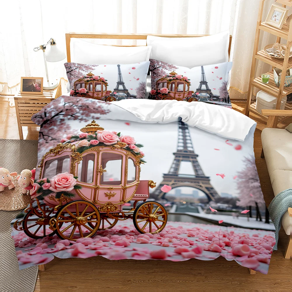 Rose Eiffel Tower Print Pattern Polyester Bedding Set - Soft and Comfortable,  Home Decoration,King,Queen Size,Valentine's Day
