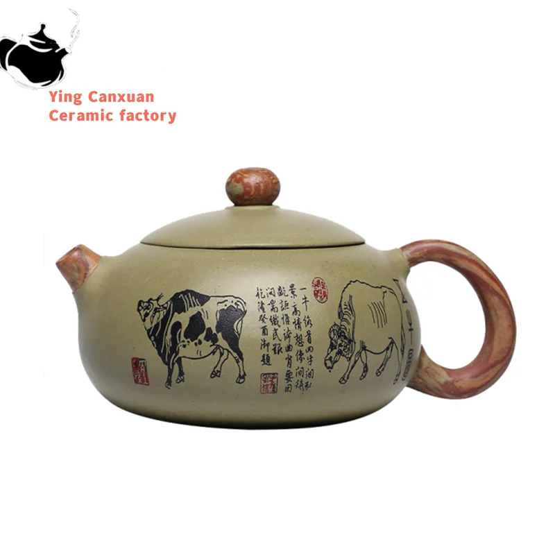 

250ml Chinese Yixing Purple Clay Teapots Raw Ore Bean Green Clay Filter Tea Pot Hand Painted Five Cow Xishi Kettle Home Teaware