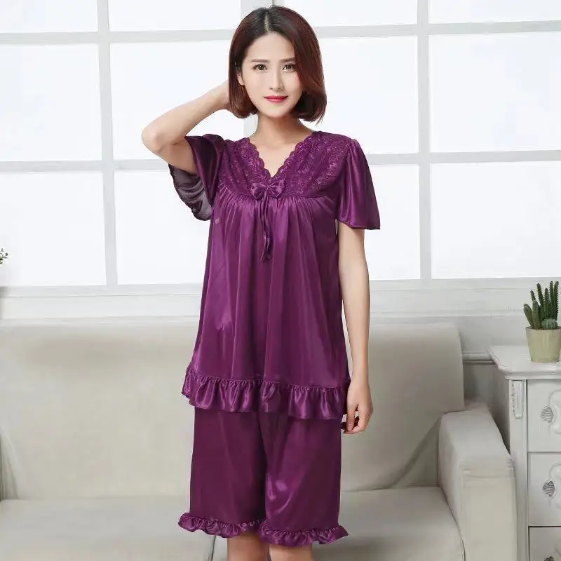 Summer Women's Thin Pajamas V-neck Short Sleeve Shorts Oversized Loose Home Clothing Set Sexy Lace Sleepwear