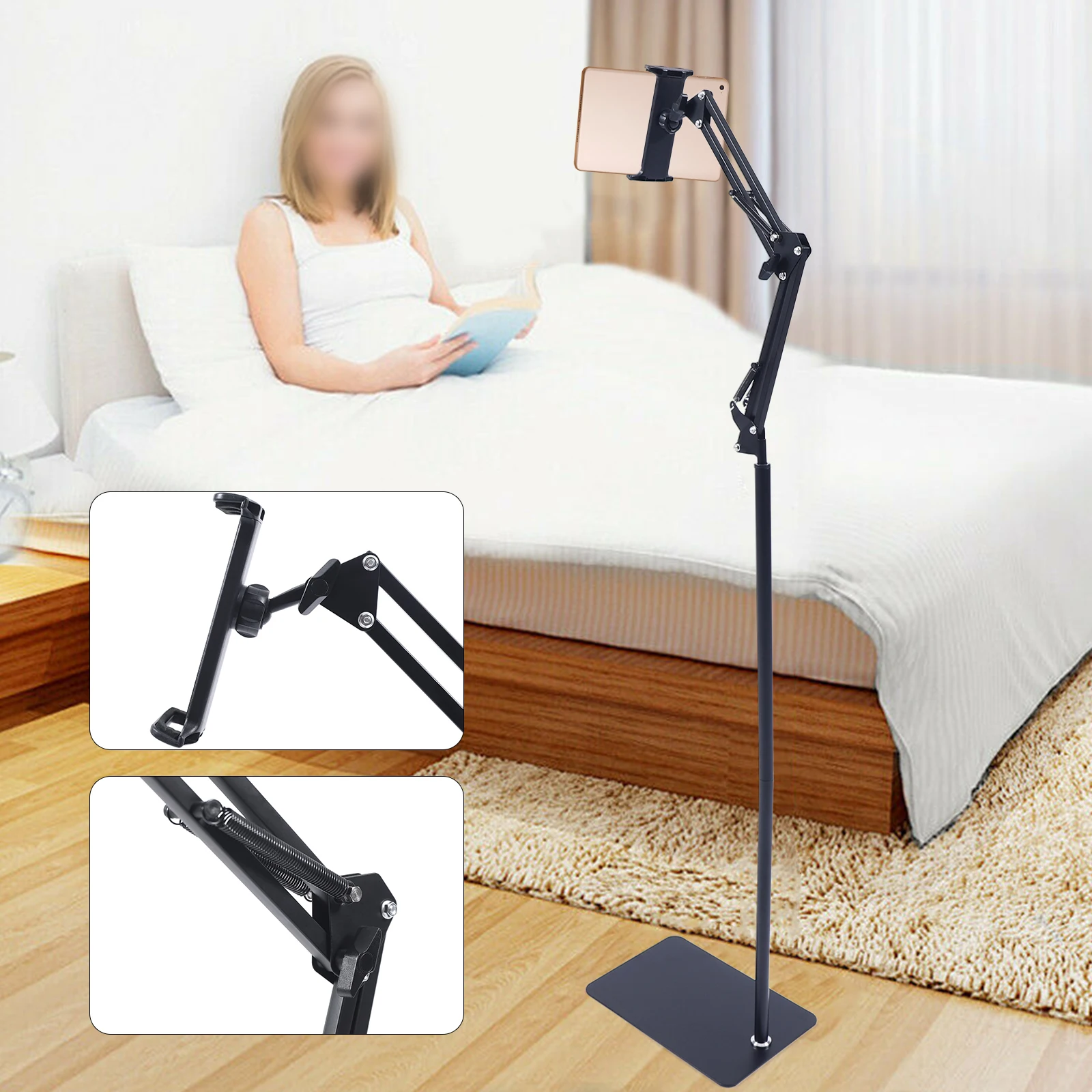 Adjustable Tablet Floor Stand 360° Swivel Height & Angle Adjustable Foldable Floor Holder Non-Slip Base for Home Office