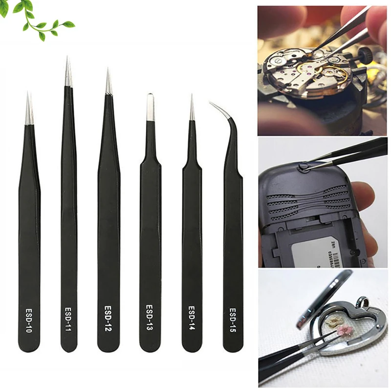 6 Piece Sets Stainless Steel Tweezers Anti Static Elbows & Pointed Ends Clamp Bird's Nest Picking Hair Dismantling Repair Tools