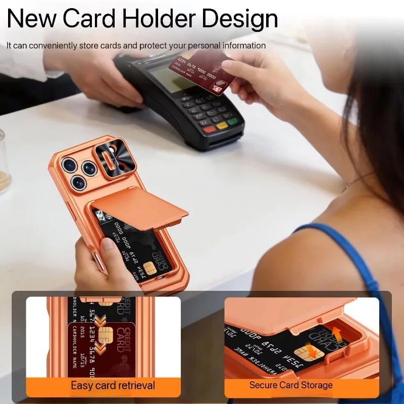 Sleek Card Holder Phone Case with Sliding Camera Cover and Stand, Anti-Fall PC+TPU Wallet Design