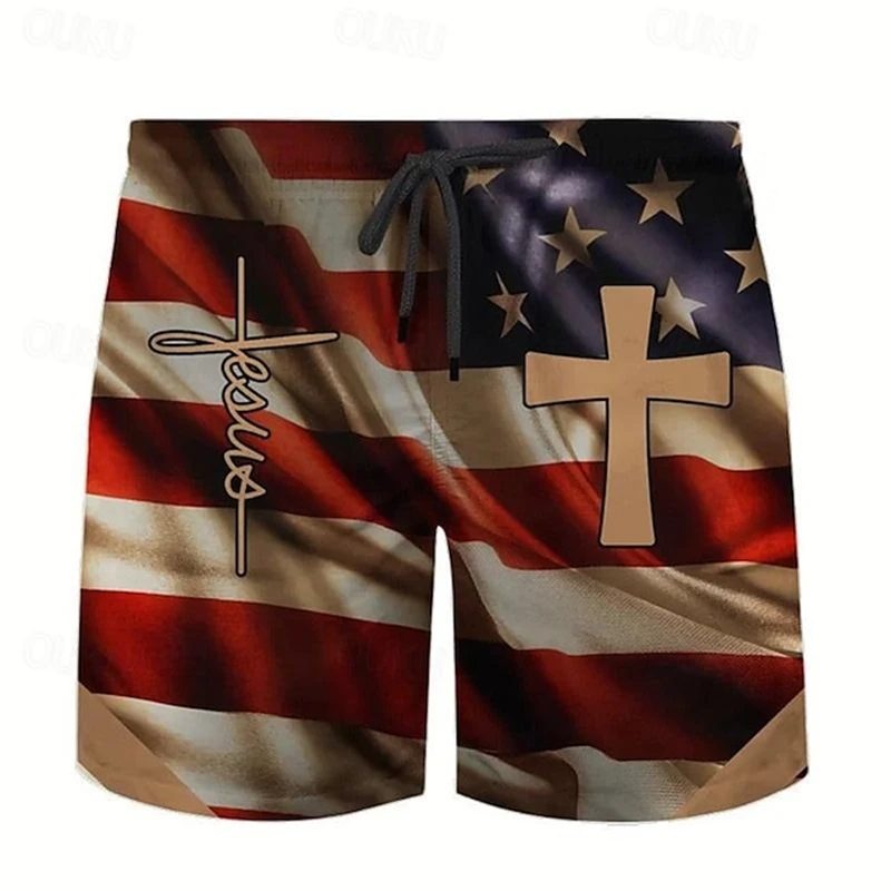 

USA National Flag Print Men Women Beach Shorts Summer Street Hip Hop Cross Graphic Short Pants Gym Ice Shorts Holiday Swimwear
