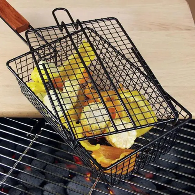 Grillező Kosár Grillezés Grill Rács Hordozható Kültéri Barbecue Nettó Mappa Bbq Szerszámok Sült Fa Fogantyú - Image 5